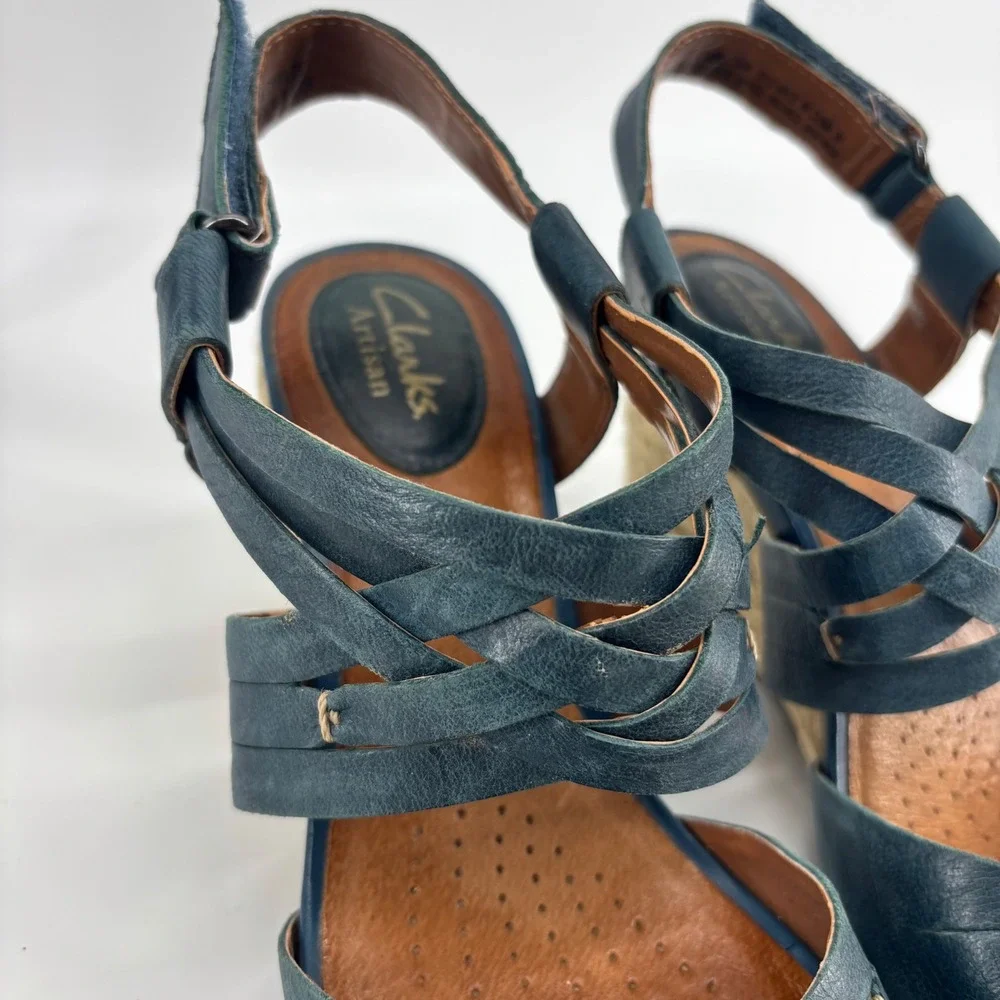 Clarks Artisan Kyna Womens Blue Leather Strappy Espadrille Wedge Sandal 7.5 Boho
